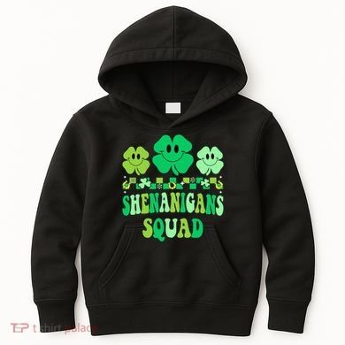 Shenanigans Squad St Patricks Day Boy Shamrock Groovy Retro Kids Hoodie