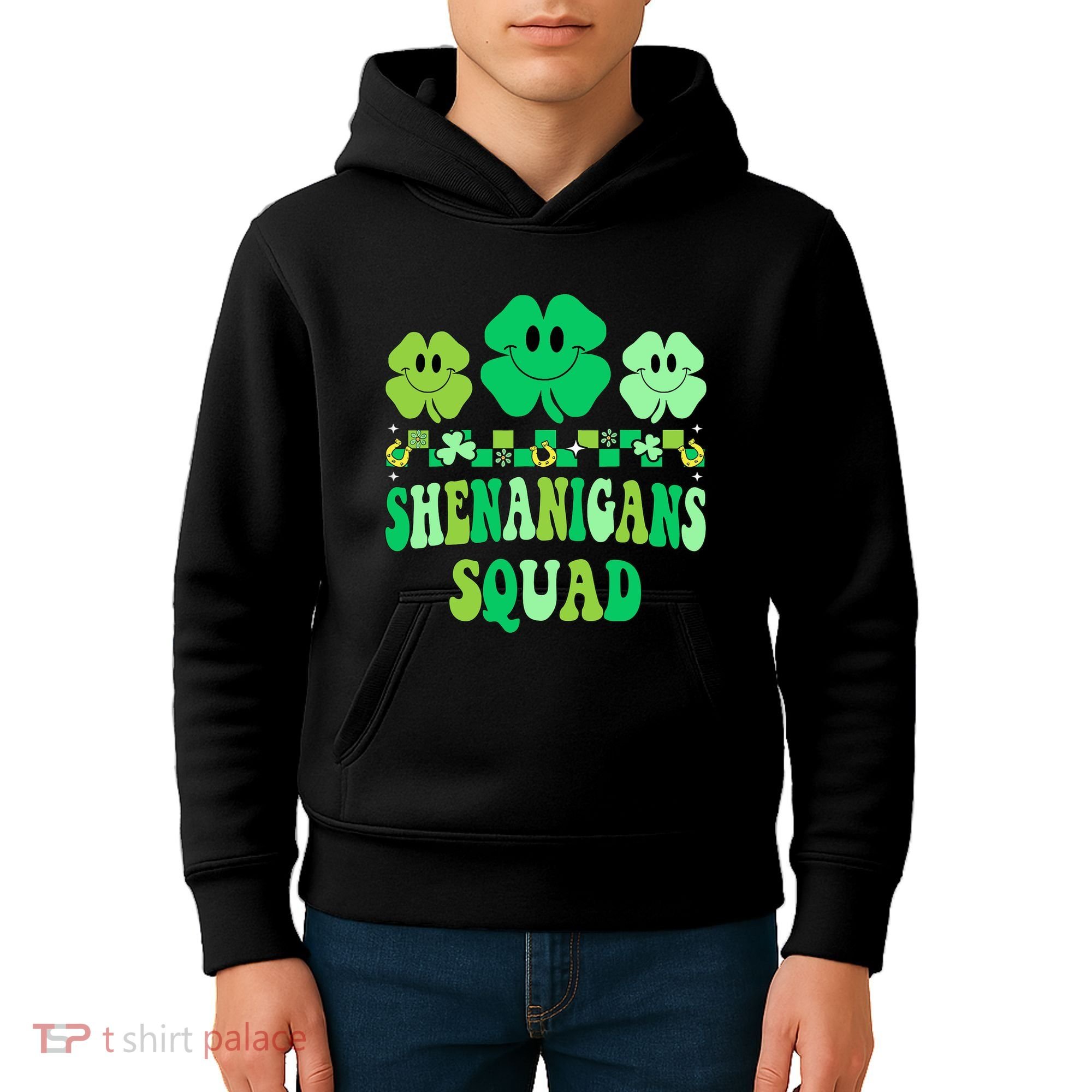 Shenanigans Squad St Patricks Day Boy Shamrock Groovy Retro Kids Hoodie