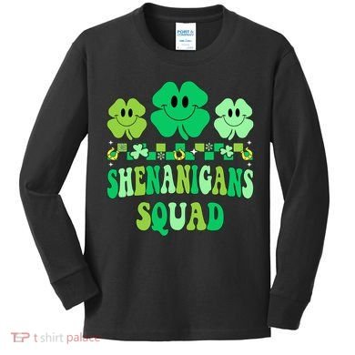 Shenanigans Squad St Patricks Day Boy Shamrock Groovy Retro Kids Long Sleeve Shirt