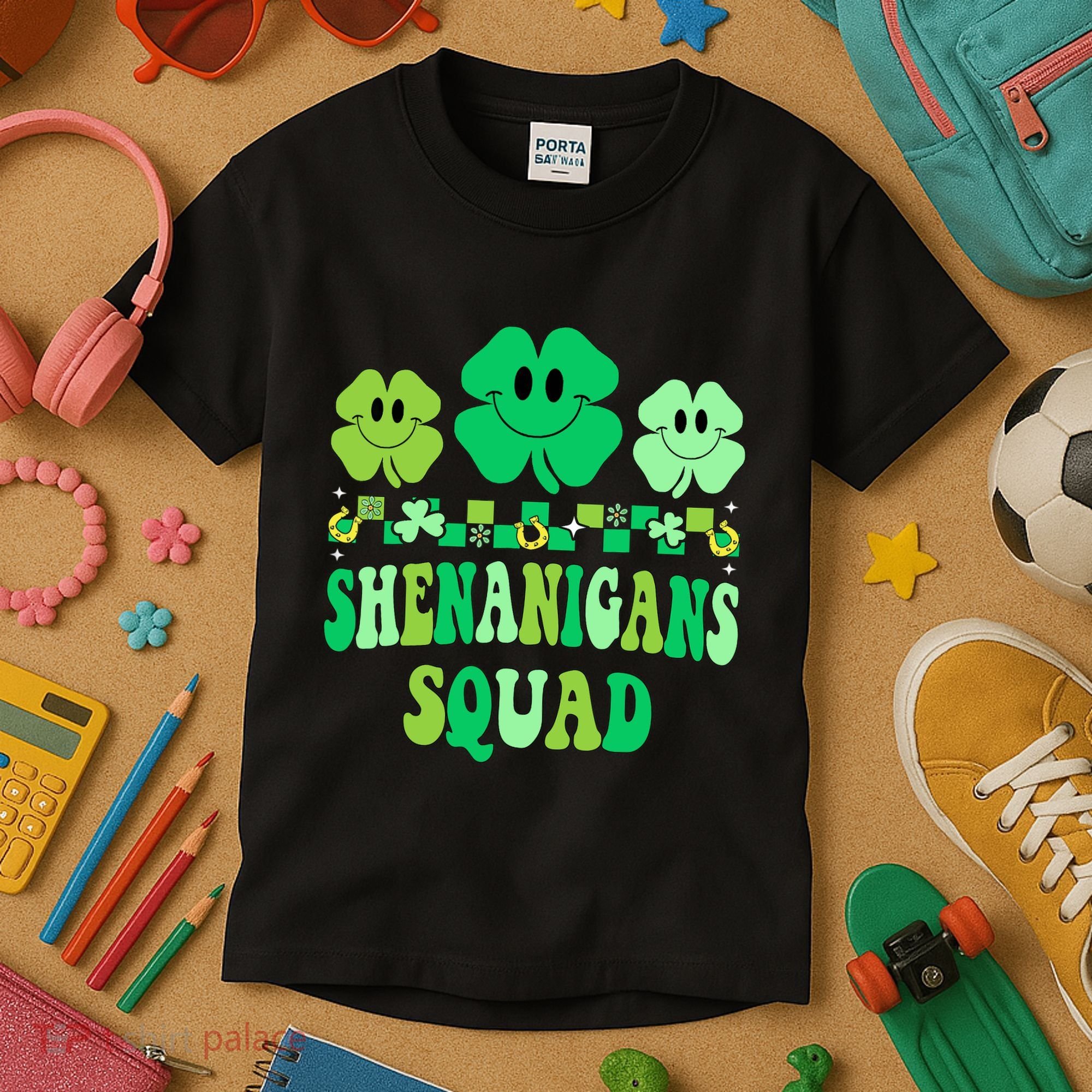 Shenanigans Squad St Patricks Day Boy Shamrock Groovy Retro Kids T-Shirt