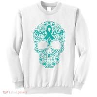Sugar Skull Teal Ribbon Ovarian Cancer Awareness Mexicansugar Skull Teal Ribbon Sweatshirt thumb 0