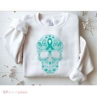 Sugar Skull Teal Ribbon Ovarian Cancer Awareness Mexicansugar Skull Teal Ribbon Sweatshirt thumb 2