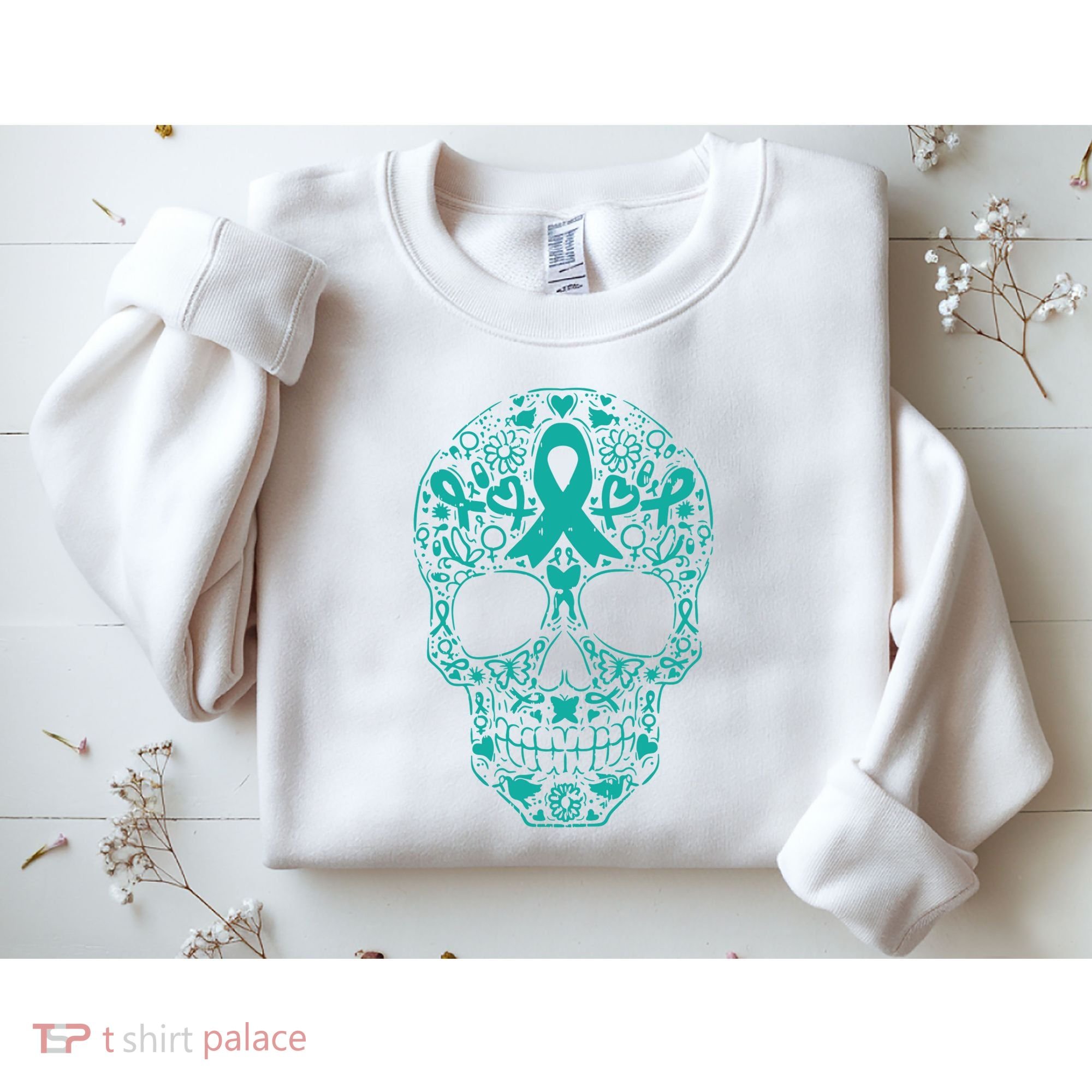 Sugar Skull Teal Ribbon Ovarian Cancer Awareness Mexicansugar Skull Teal Ribbon Sweatshirt