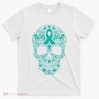 Sugar Skull Teal Ribbon Ovarian Cancer Awareness Mexicansugar Skull Teal Ribbon T-Shirt thumb 0