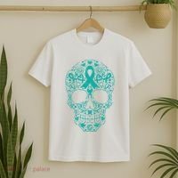 Sugar Skull Teal Ribbon Ovarian Cancer Awareness Mexicansugar Skull Teal Ribbon T-Shirt thumb 2