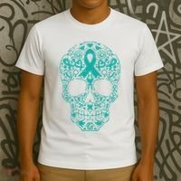 Sugar Skull Teal Ribbon Ovarian Cancer Awareness Mexicansugar Skull Teal Ribbon T-Shirt thumb 3