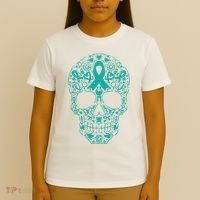 Sugar Skull Teal Ribbon Ovarian Cancer Awareness Mexicansugar Skull Teal Ribbon T-Shirt thumb 4