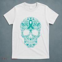 Sugar Skull Teal Ribbon Ovarian Cancer Awareness Mexicansugar Skull Teal Ribbon T-Shirt thumb 5