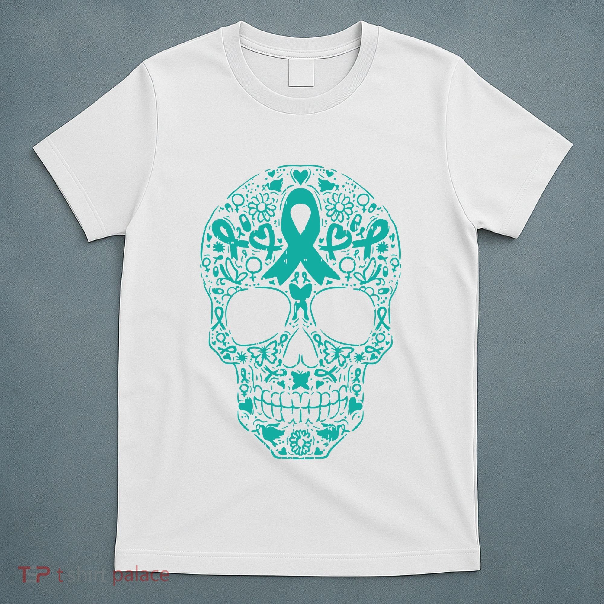 Sugar Skull Teal Ribbon Ovarian Cancer Awareness Mexicansugar Skull Teal Ribbon T-Shirt