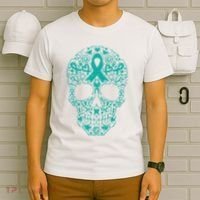 Sugar Skull Teal Ribbon Ovarian Cancer Awareness Mexicansugar Skull Teal Ribbon T-Shirt thumb 6