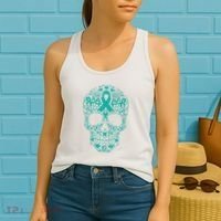 Sugar Skull Teal Ribbon Ovarian Cancer Awareness Mexicansugar Skull Teal Ribbon Women's Tank Top thumb 2