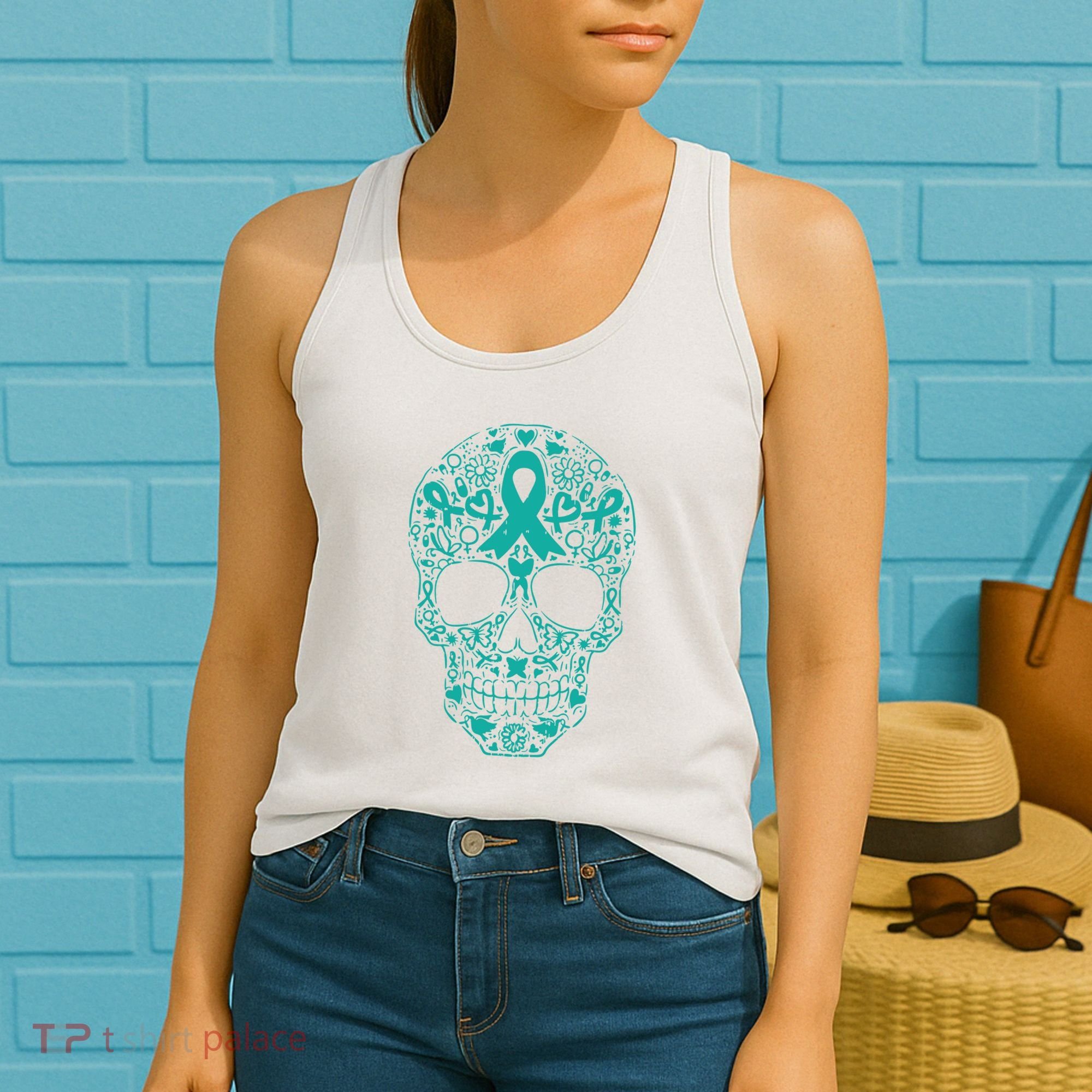 Sugar Skull Teal Ribbon Ovarian Cancer Awareness Mexicansugar Skull Teal Ribbon Women's Tank Top