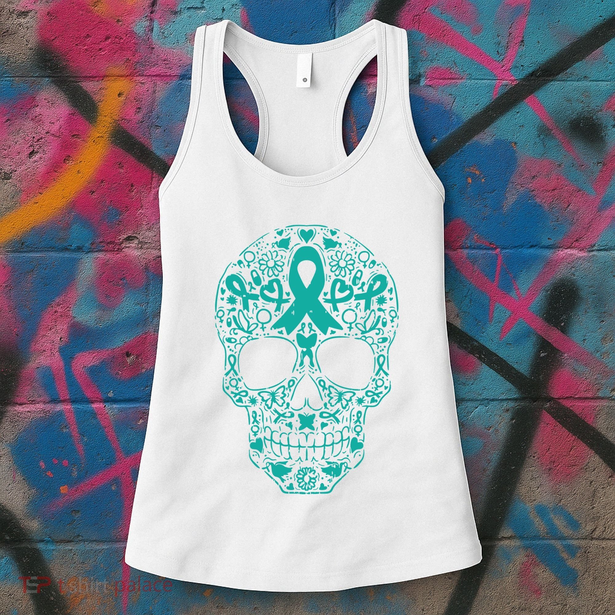 Sugar Skull Teal Ribbon Ovarian Cancer Awareness Mexicansugar Skull Teal Ribbon Women's Tank Top