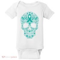 Sugar Skull Teal Ribbon Ovarian Cancer Awareness Mexicansugar Skull Teal Ribbon Baby Bodysuit thumb 0