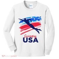 Swimming Support Team Flag Usa Pool Swimmer American Kids Long Sleeve Shirt thumb 0