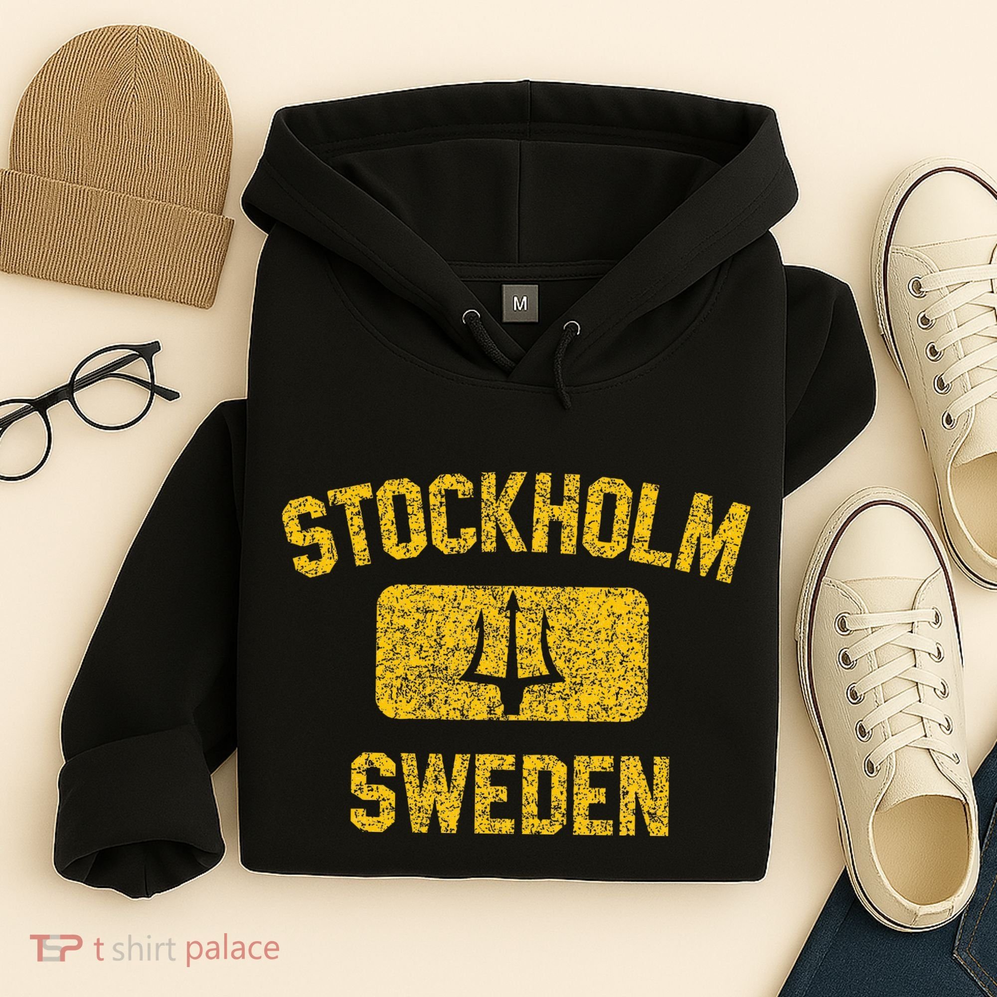 Stockholm Sweden Trident Gym Style Distressed Yellow Hoodie