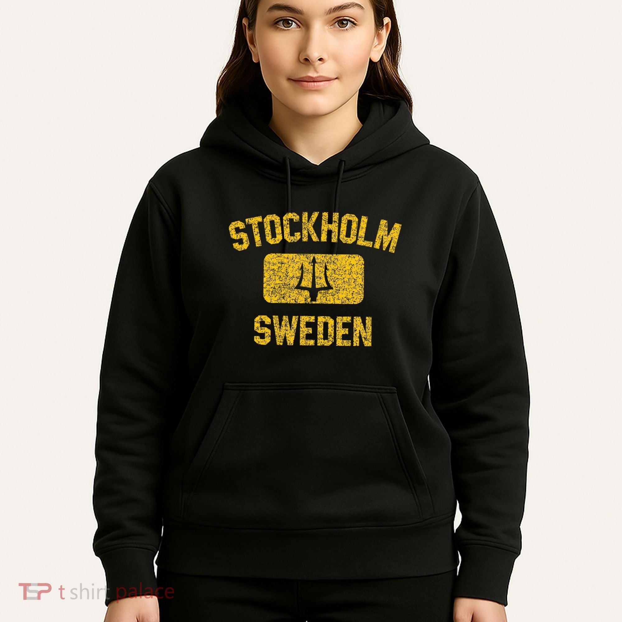 Stockholm Sweden Trident Gym Style Distressed Yellow Hoodie