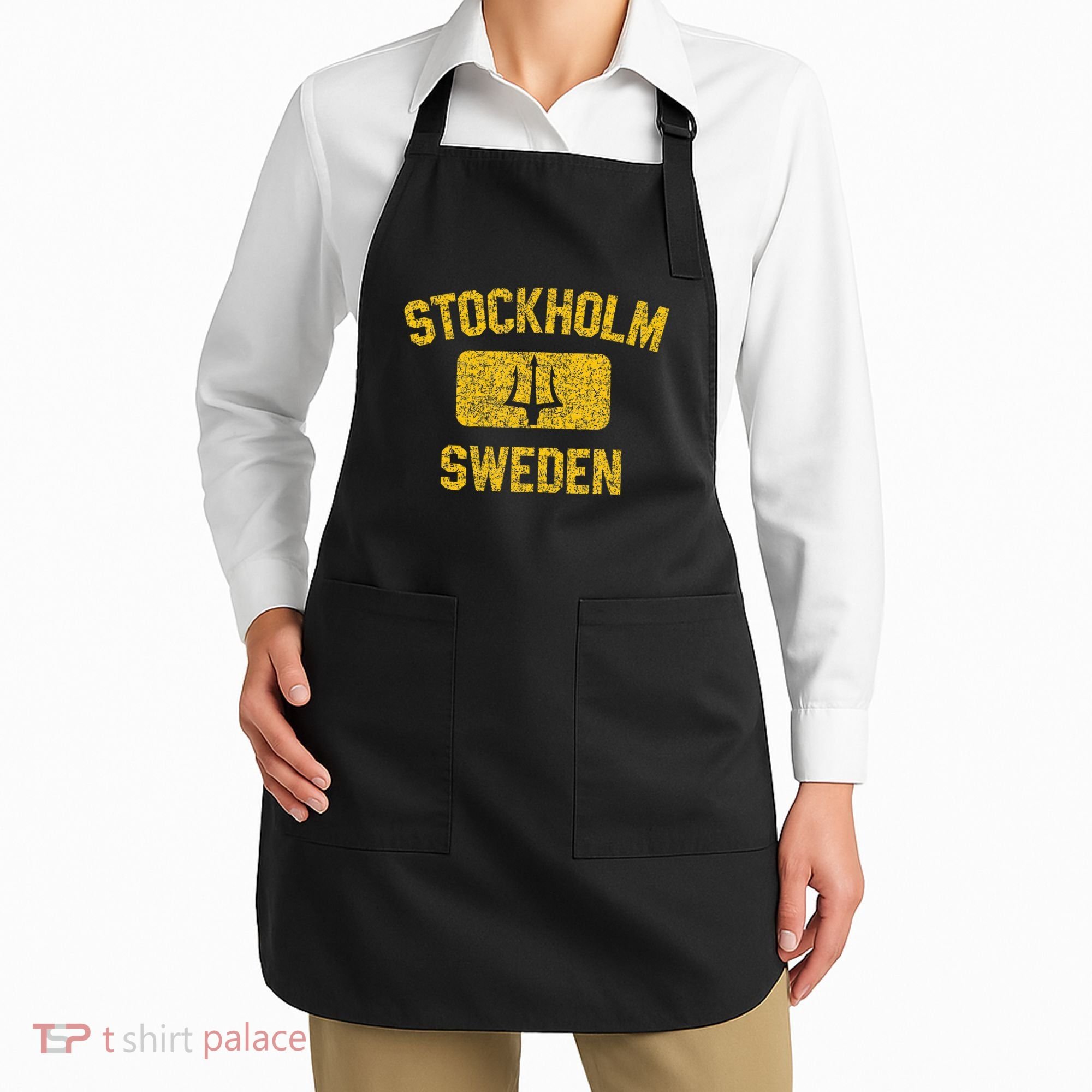Stockholm Sweden Trident Gym Style Distressed Yellow Apron