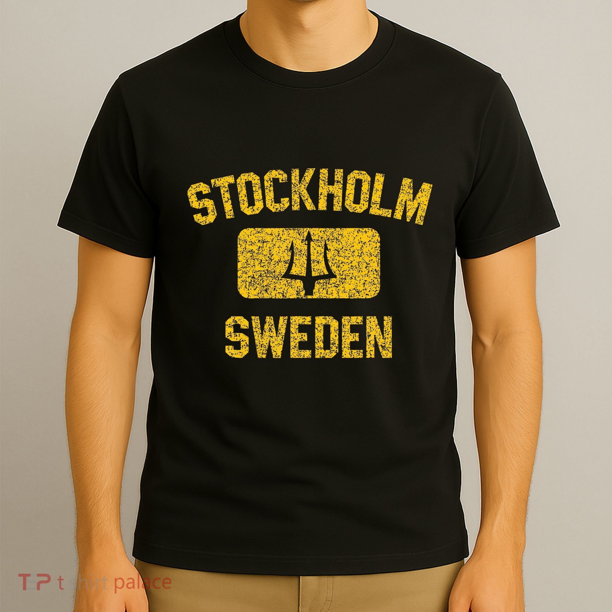 Stockholm Sweden Trident Gym Style Distressed Yellow T-Shirt
