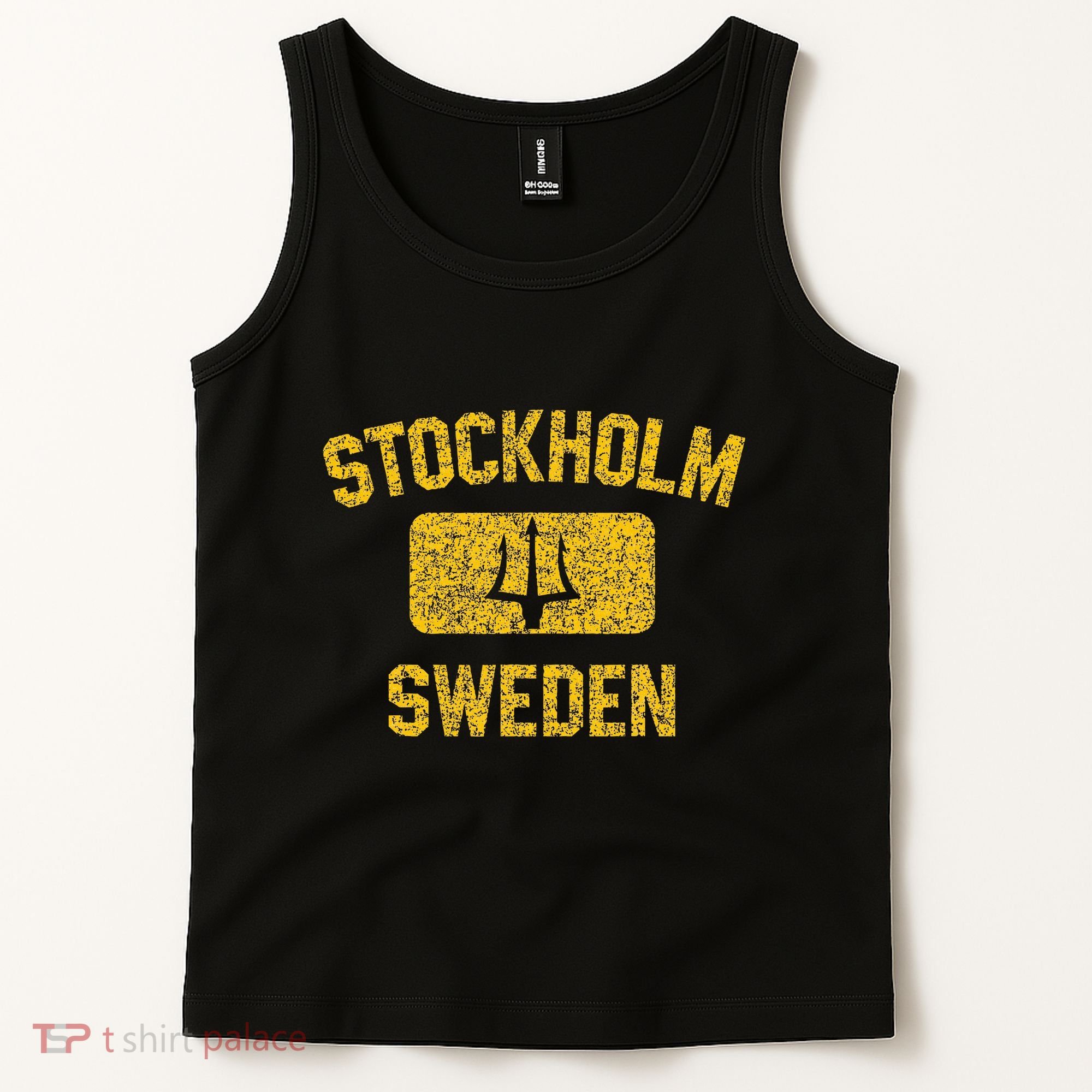Stockholm Sweden Trident Gym Style Distressed Yellow Tank Top