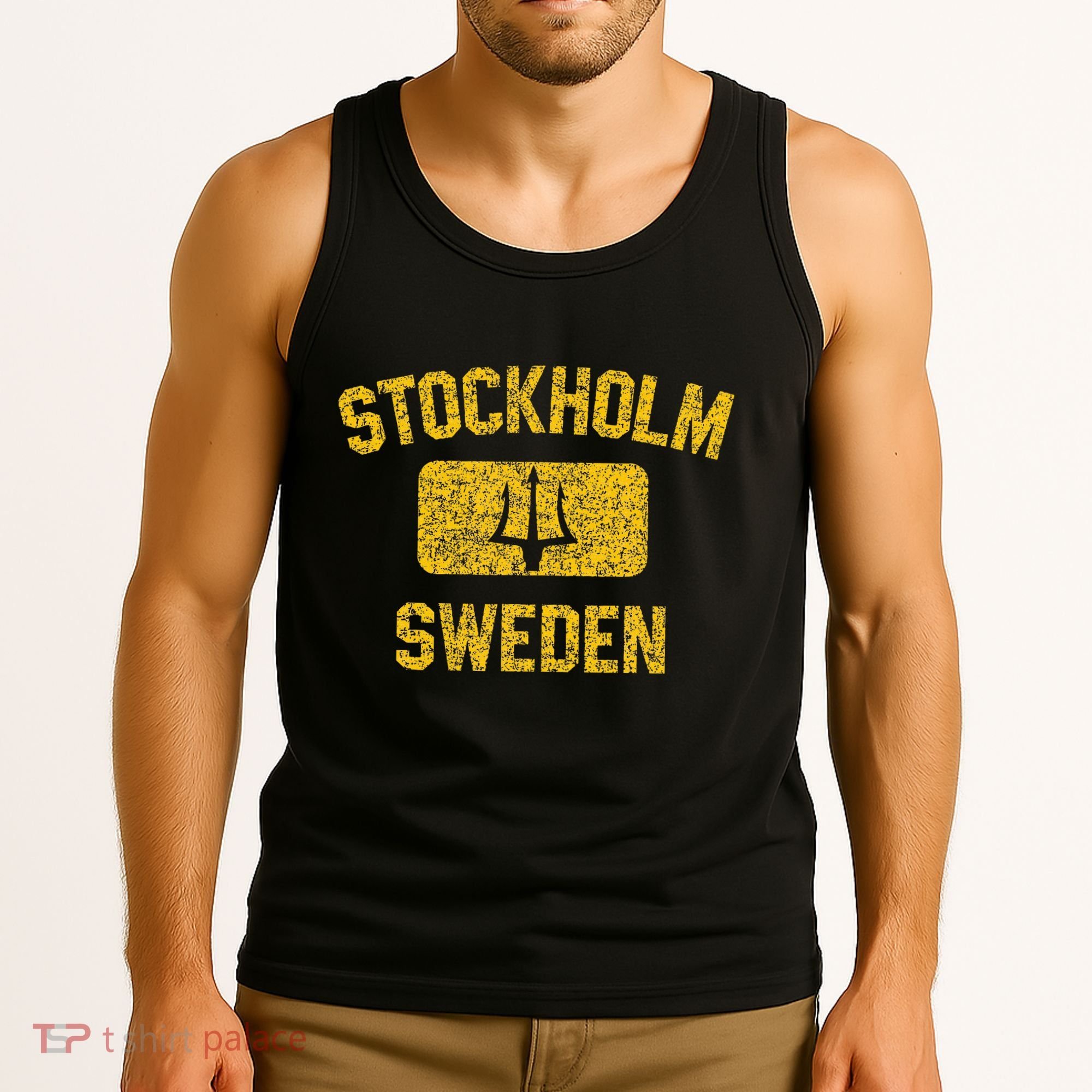Stockholm Sweden Trident Gym Style Distressed Yellow Tank Top