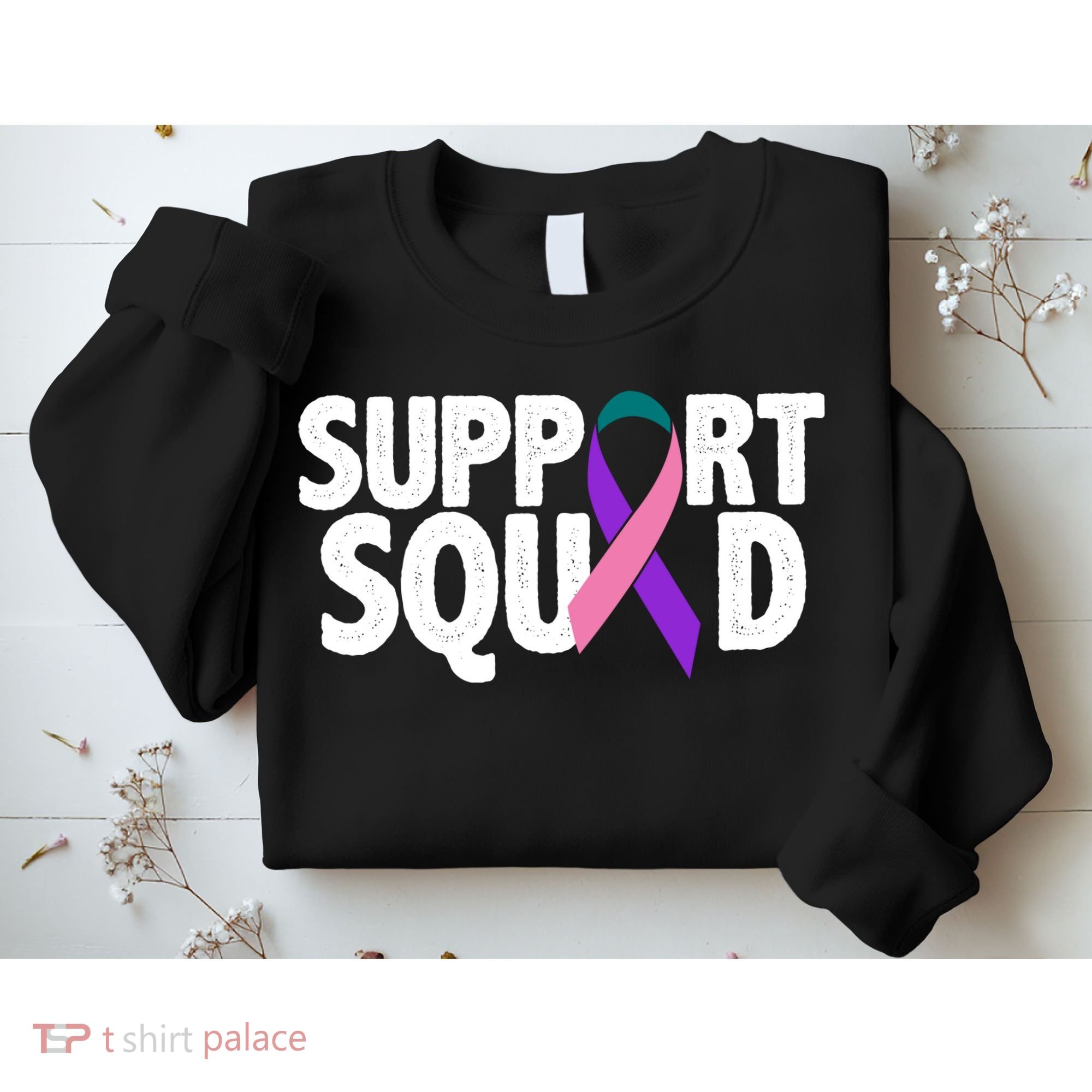 Thyroid Cancer Support Squad Teal Purple Pink Ribbon Sweatshirt