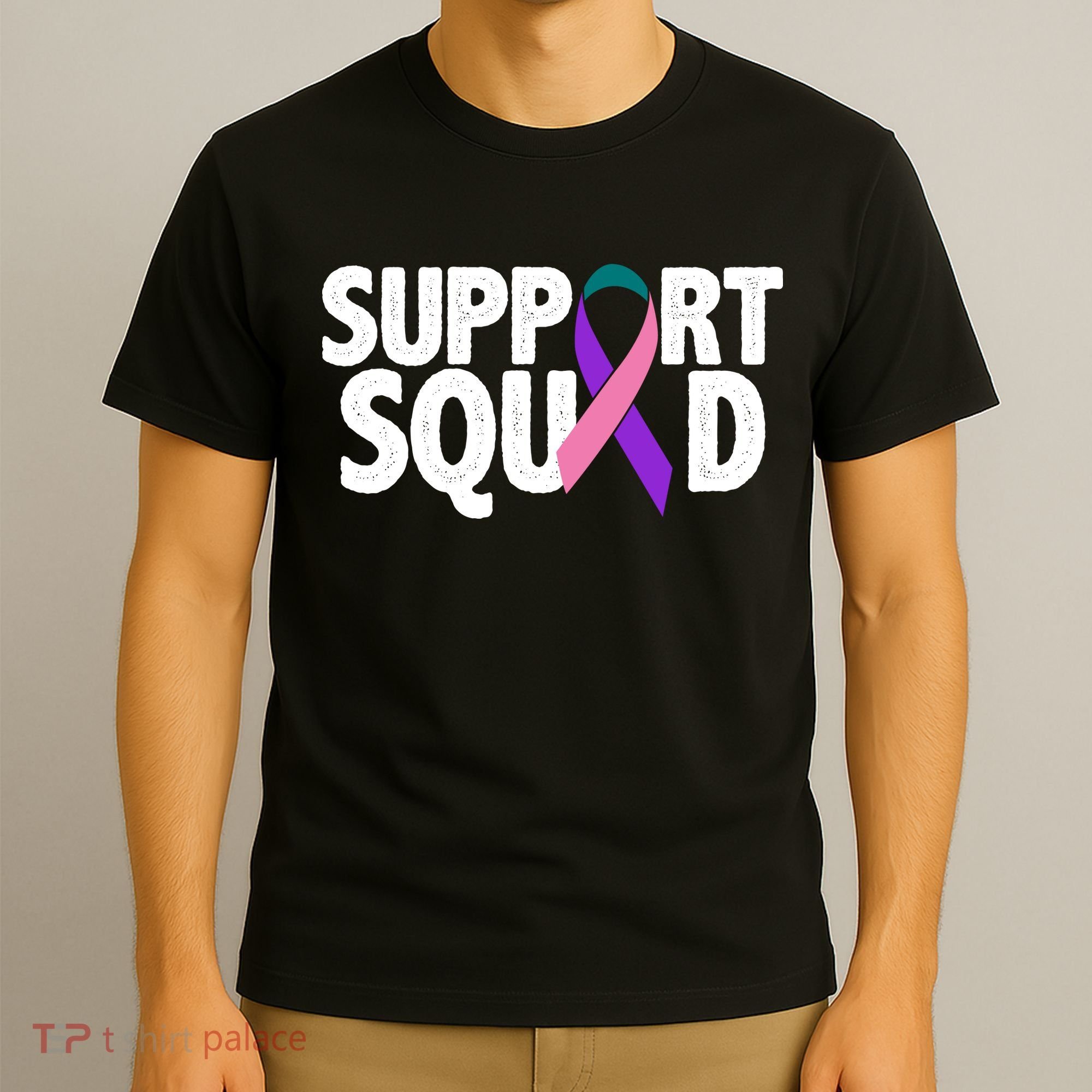 Thyroid Cancer Support Squad Teal Purple Pink Ribbon T-Shirt