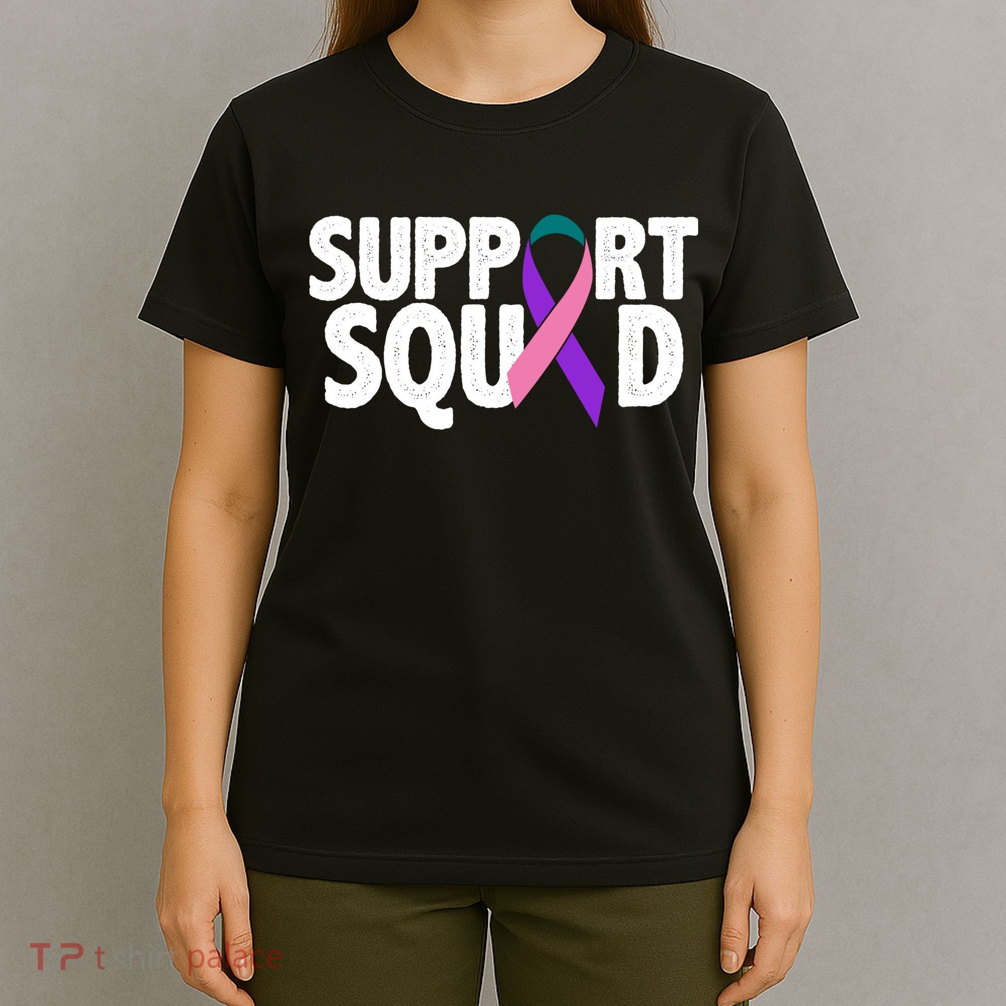 Thyroid Cancer Support Squad Teal Purple Pink Ribbon T-Shirt