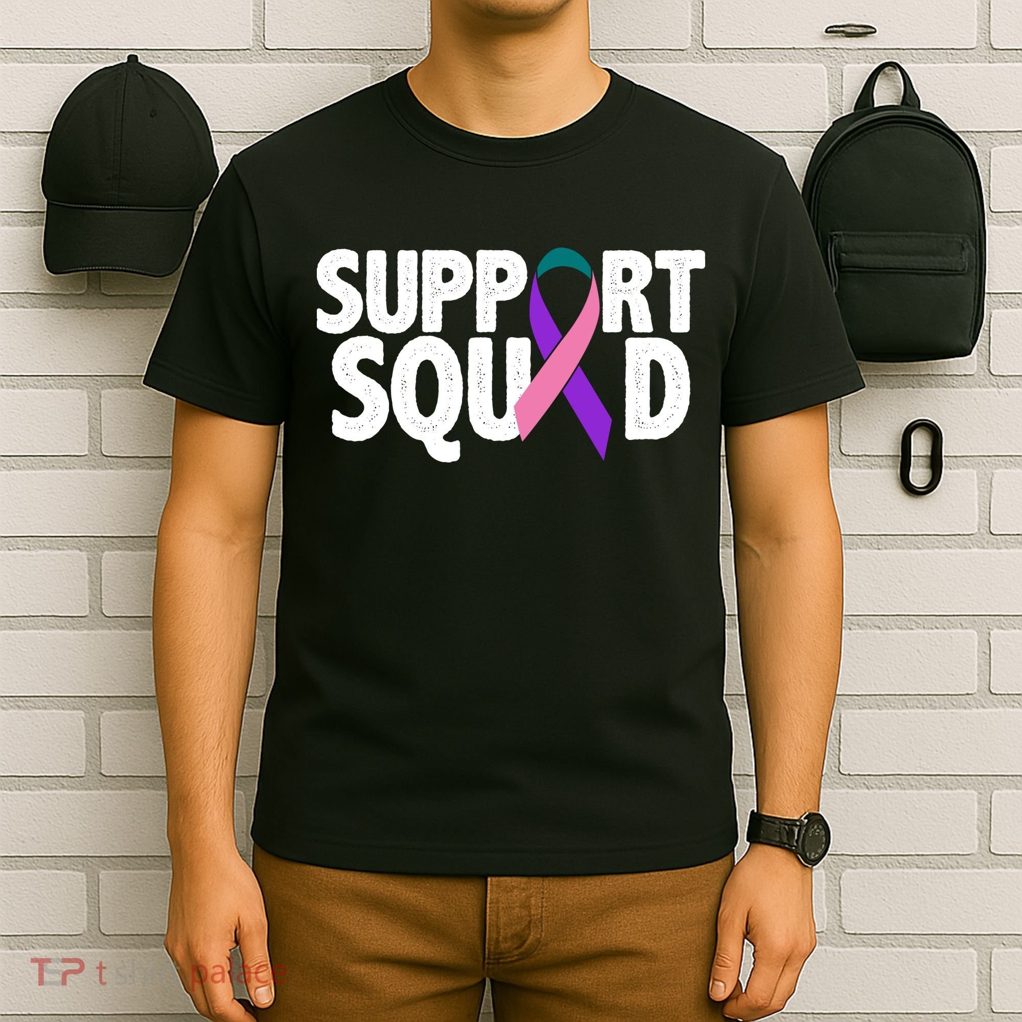 Thyroid Cancer Support Squad Teal Purple Pink Ribbon T-Shirt