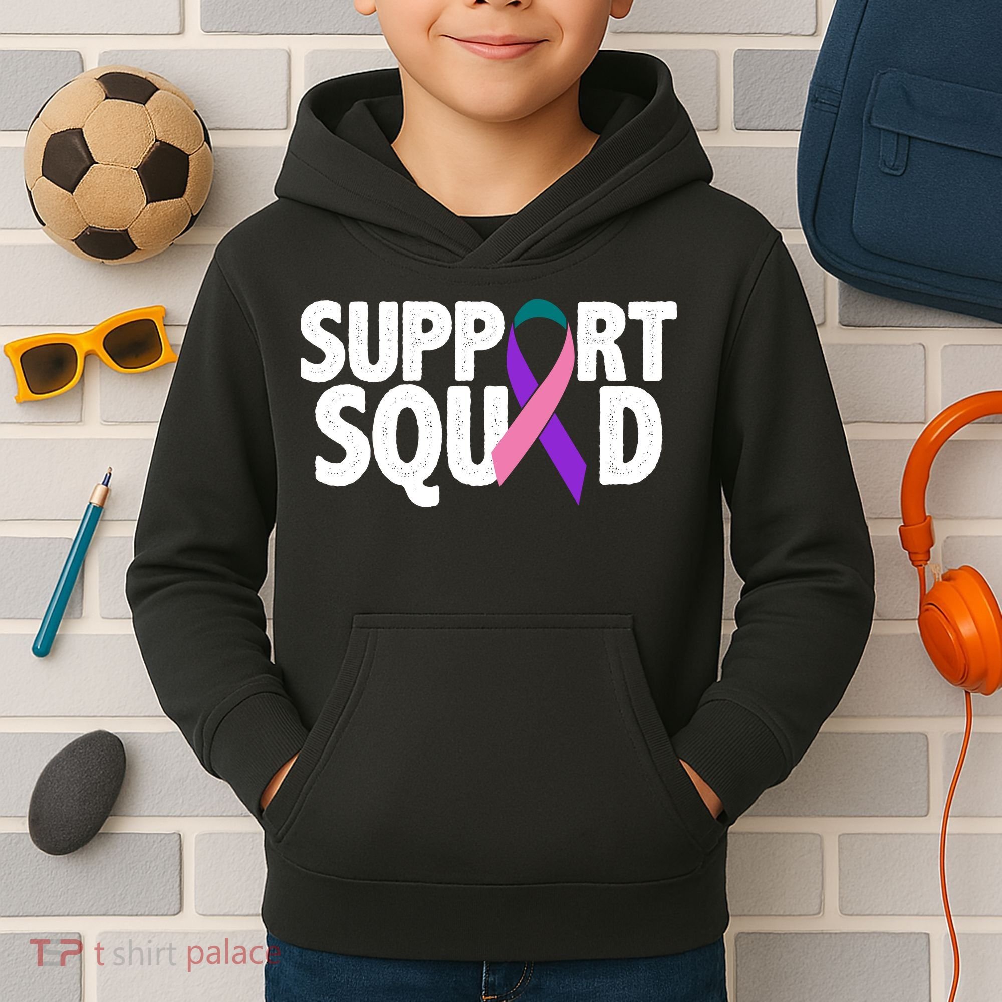 Thyroid Cancer Support Squad Teal Purple Pink Ribbon Kids Hoodie