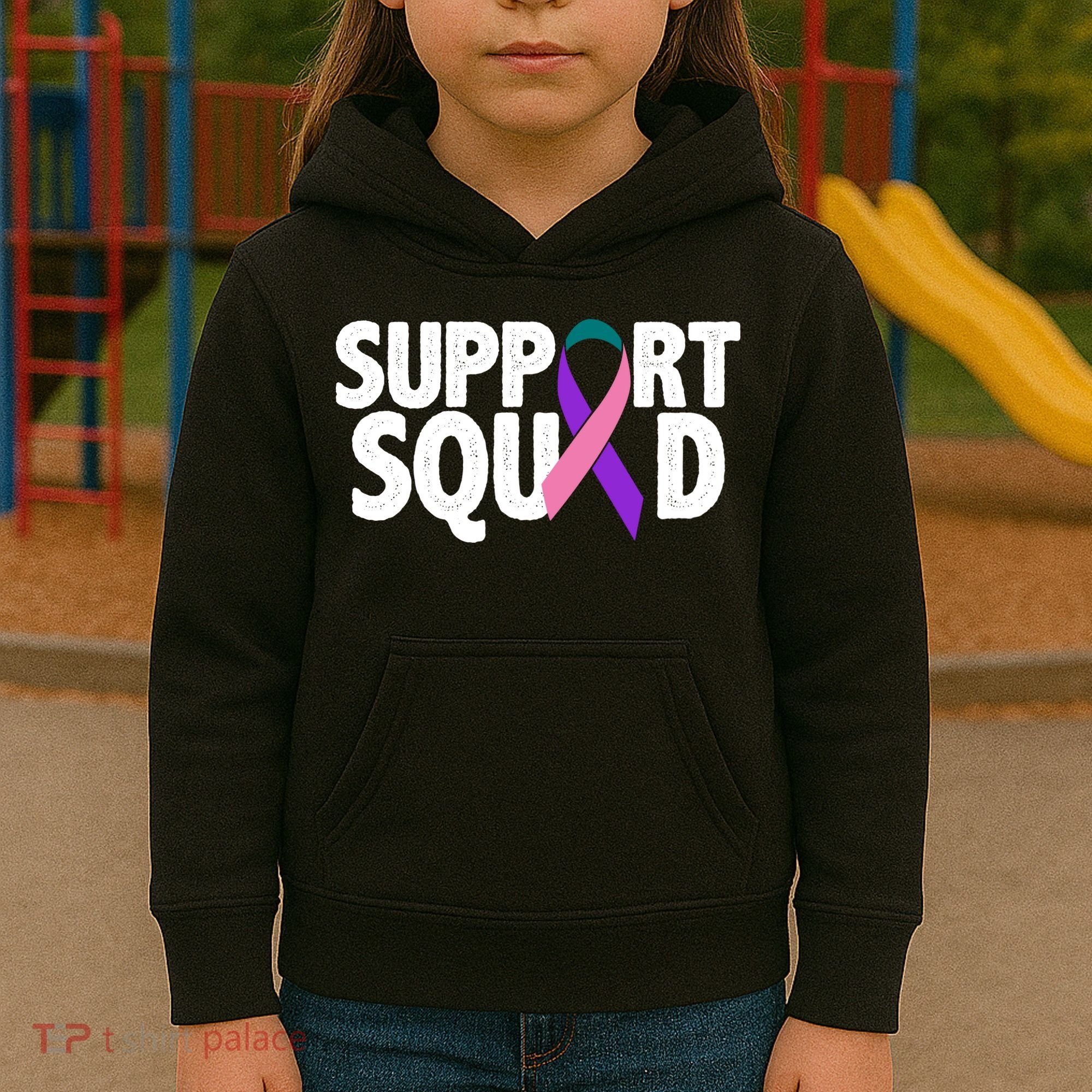 Thyroid Cancer Support Squad Teal Purple Pink Ribbon Kids Hoodie