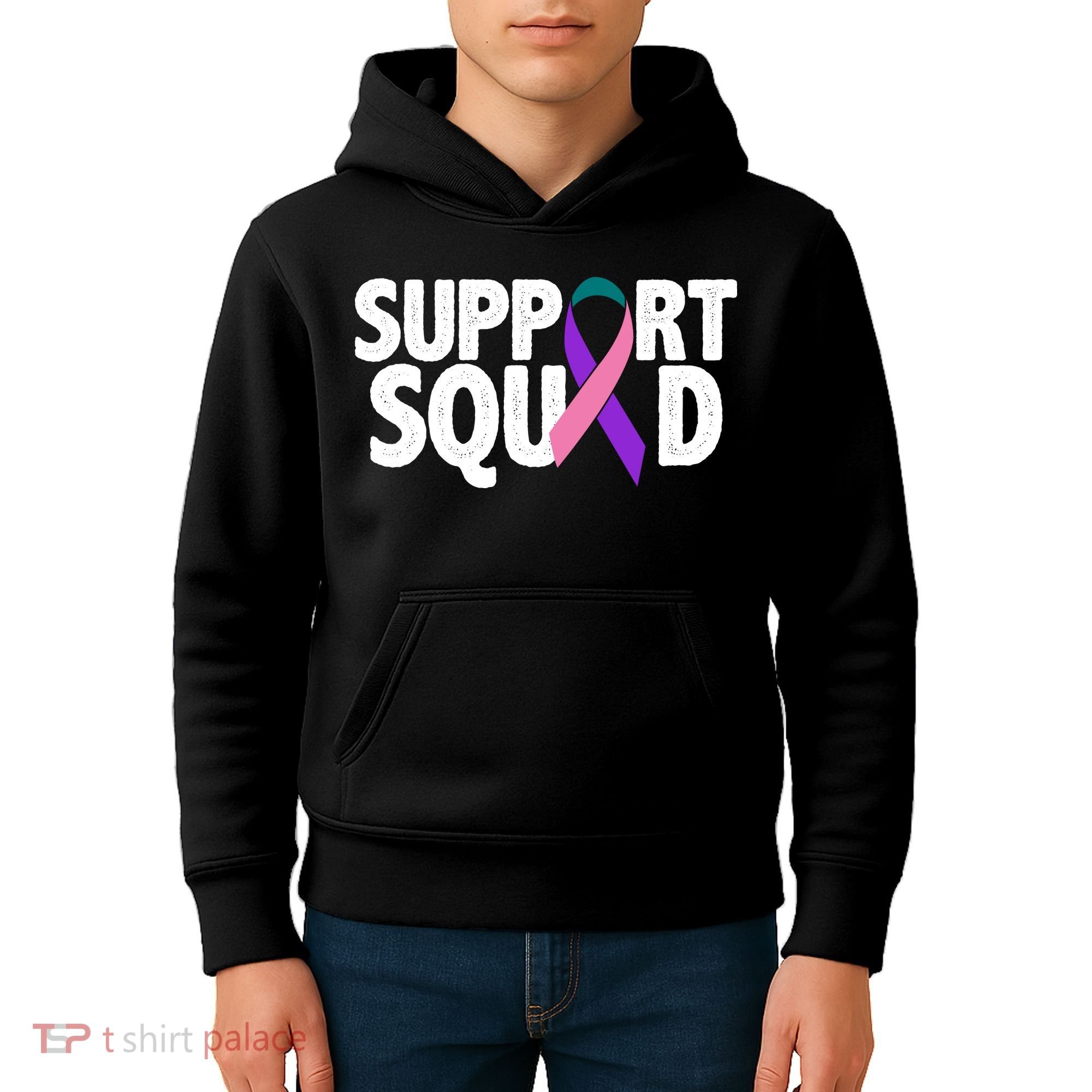 Thyroid Cancer Support Squad Teal Purple Pink Ribbon Kids Hoodie