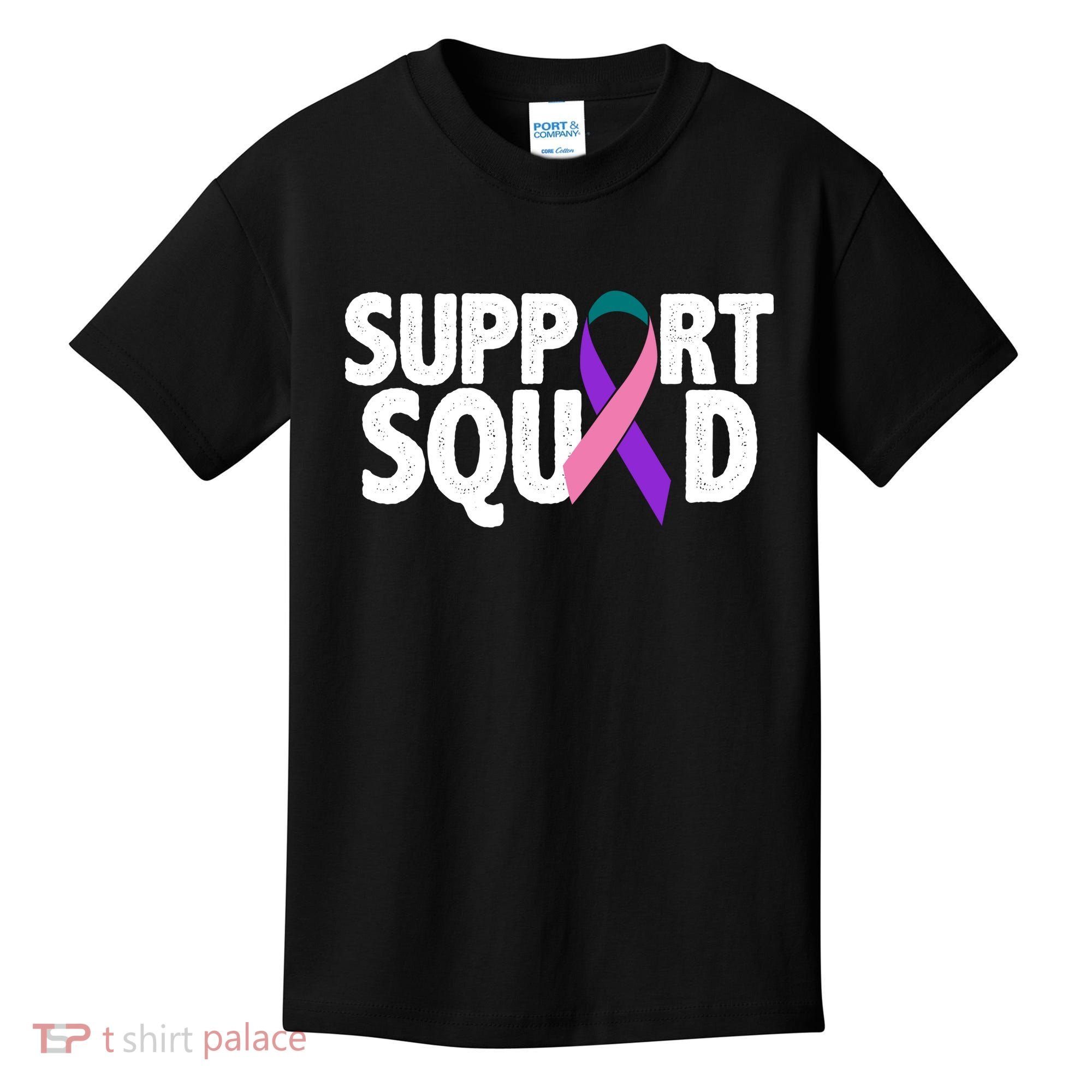 Thyroid Cancer Support Squad Teal Purple Pink Ribbon Kids T-Shirt