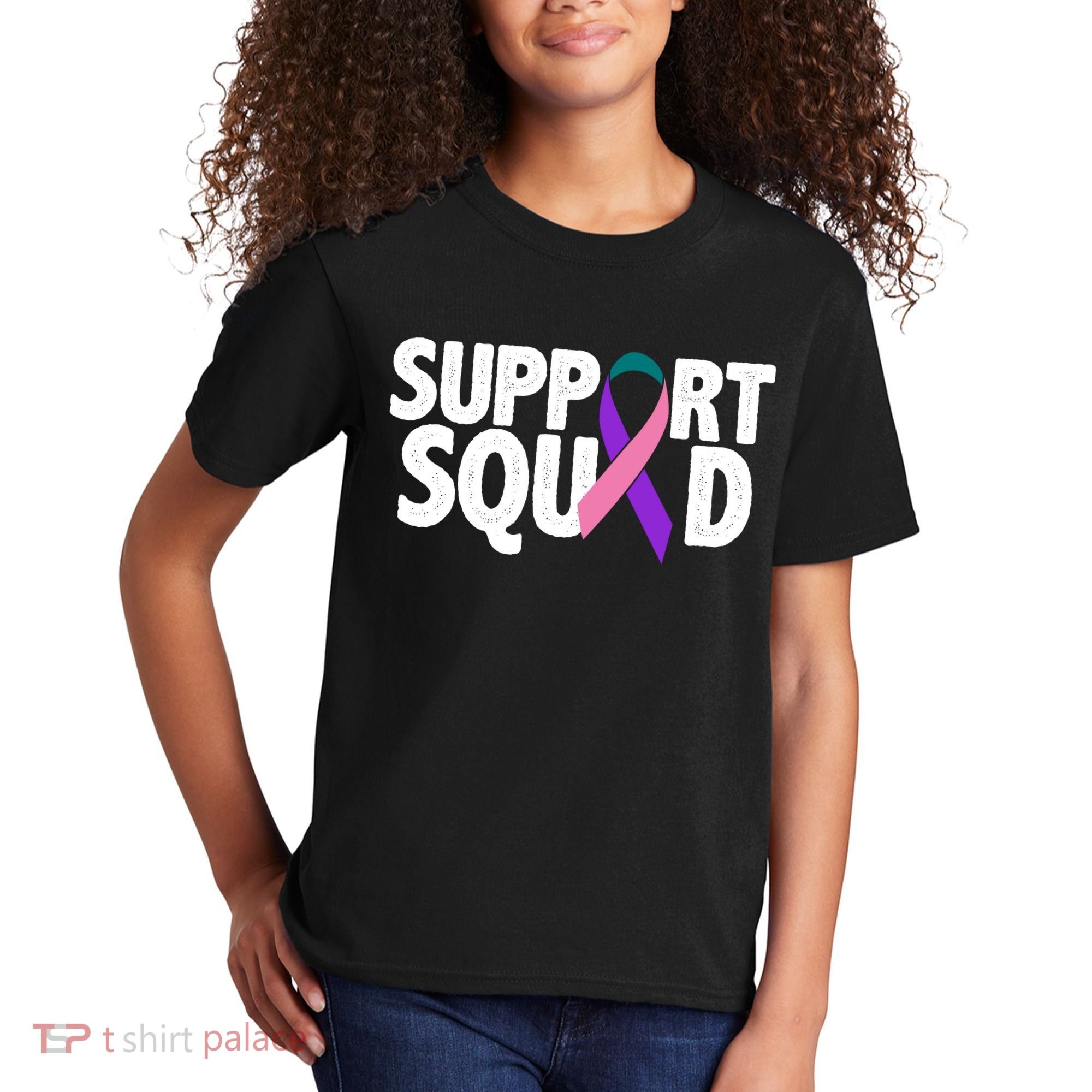 Thyroid Cancer Support Squad Teal Purple Pink Ribbon Kids T-Shirt