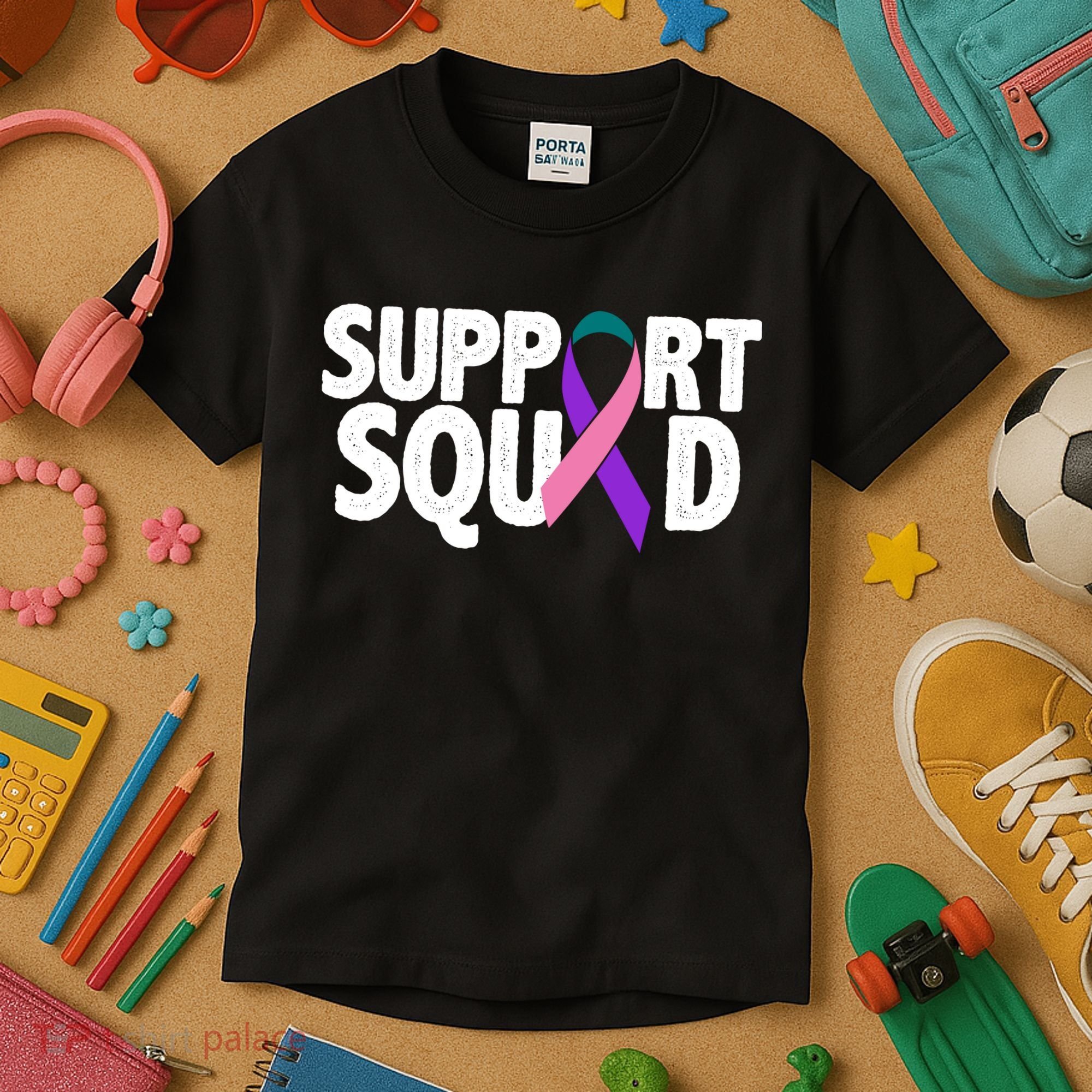 Thyroid Cancer Support Squad Teal Purple Pink Ribbon Kids T-Shirt