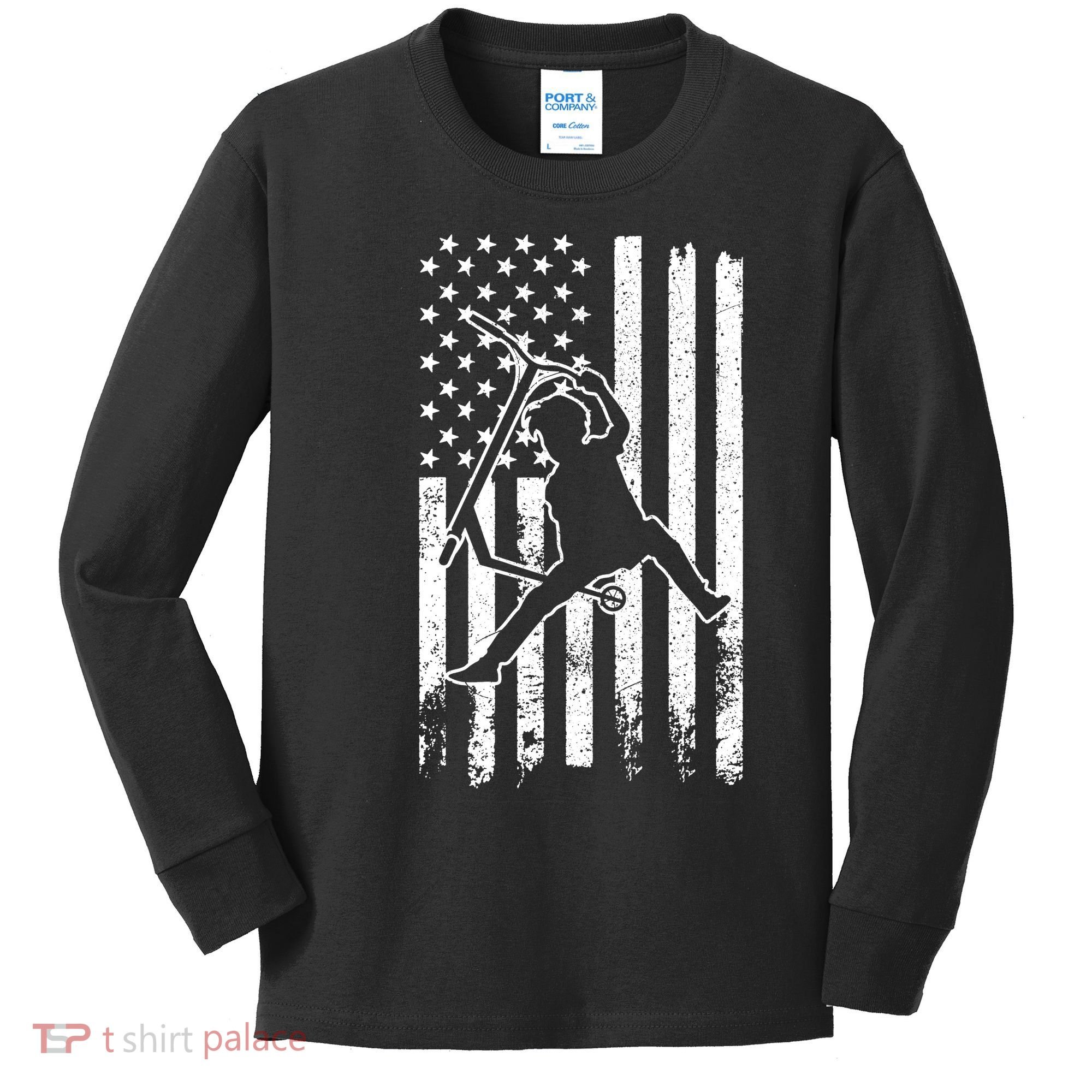Scooter Stunt Us Flag Retro Scooter Boy Kids Long Sleeve Shirt