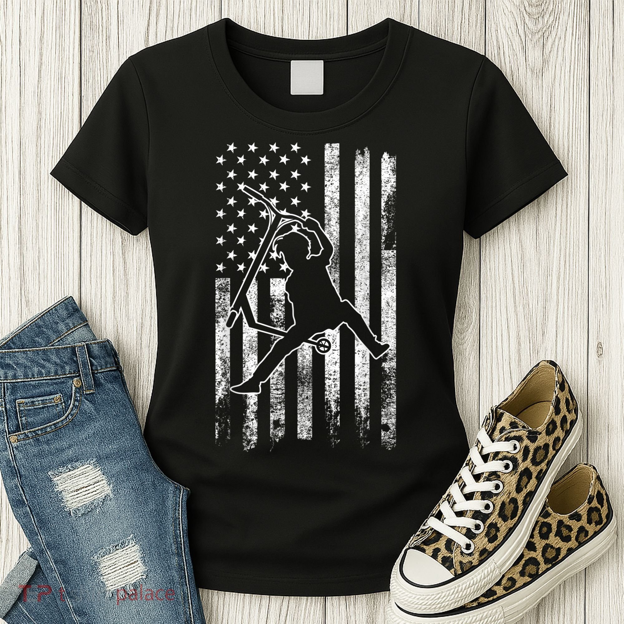 Scooter Stunt US Flag Retro Scooter Boys Women's T-Shirt