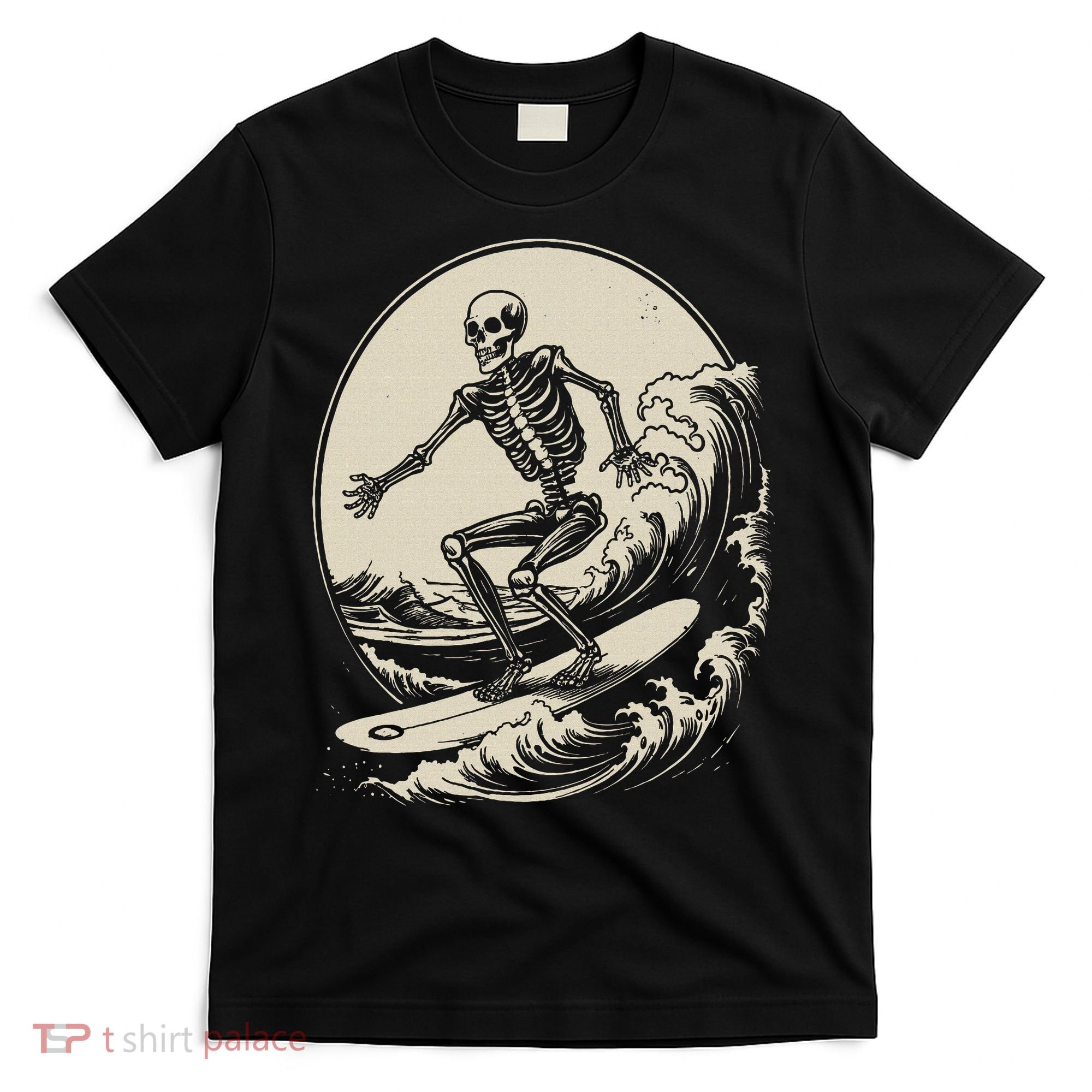 Skeleton Surfer Vintage Big Wave Surfing Funny Halloween T-Shirt