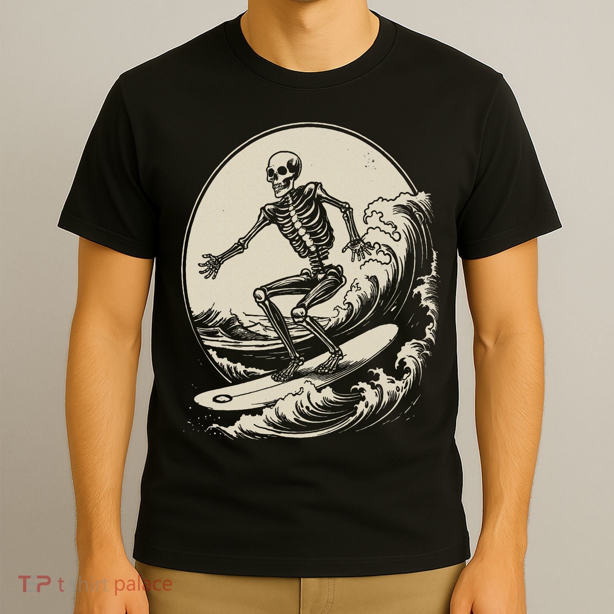 Skeleton Surfer Vintage Big Wave Surfing Funny Halloween T-Shirt