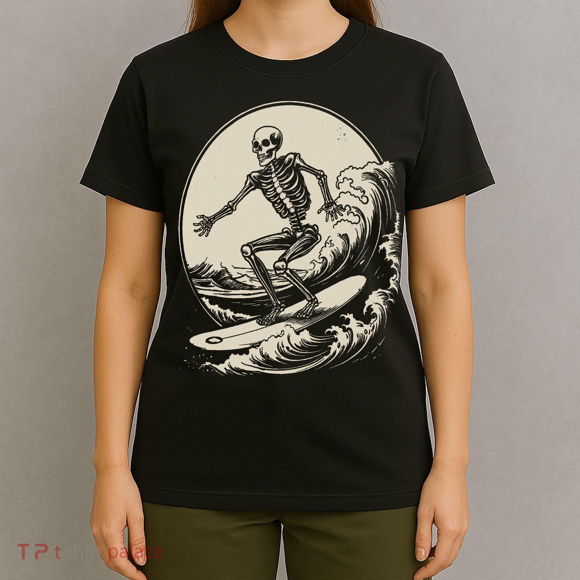Skeleton Surfer Vintage Big Wave Surfing Funny Halloween T-Shirt