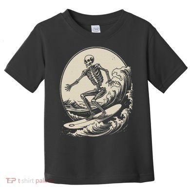 Skeleton Surfer Vintage Big Wave Surfing Funny Halloween Toddler T-Shirt