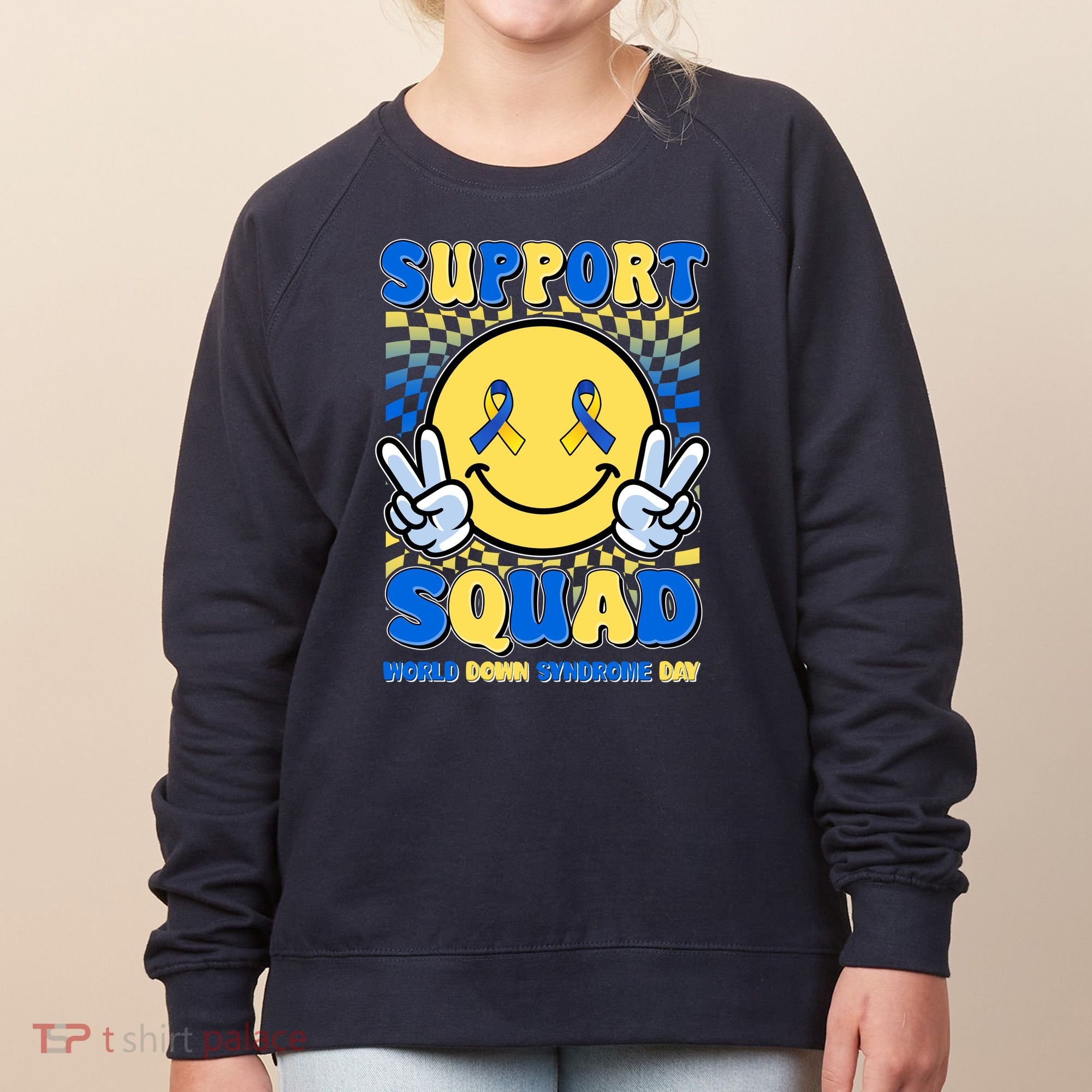 Support Squad World Down Syndrome Day Retro Smiley Emoji Women's Sweatshirt