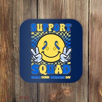 Support Squad World Down Syndrome Day Retro Smiley Emoji Coaster