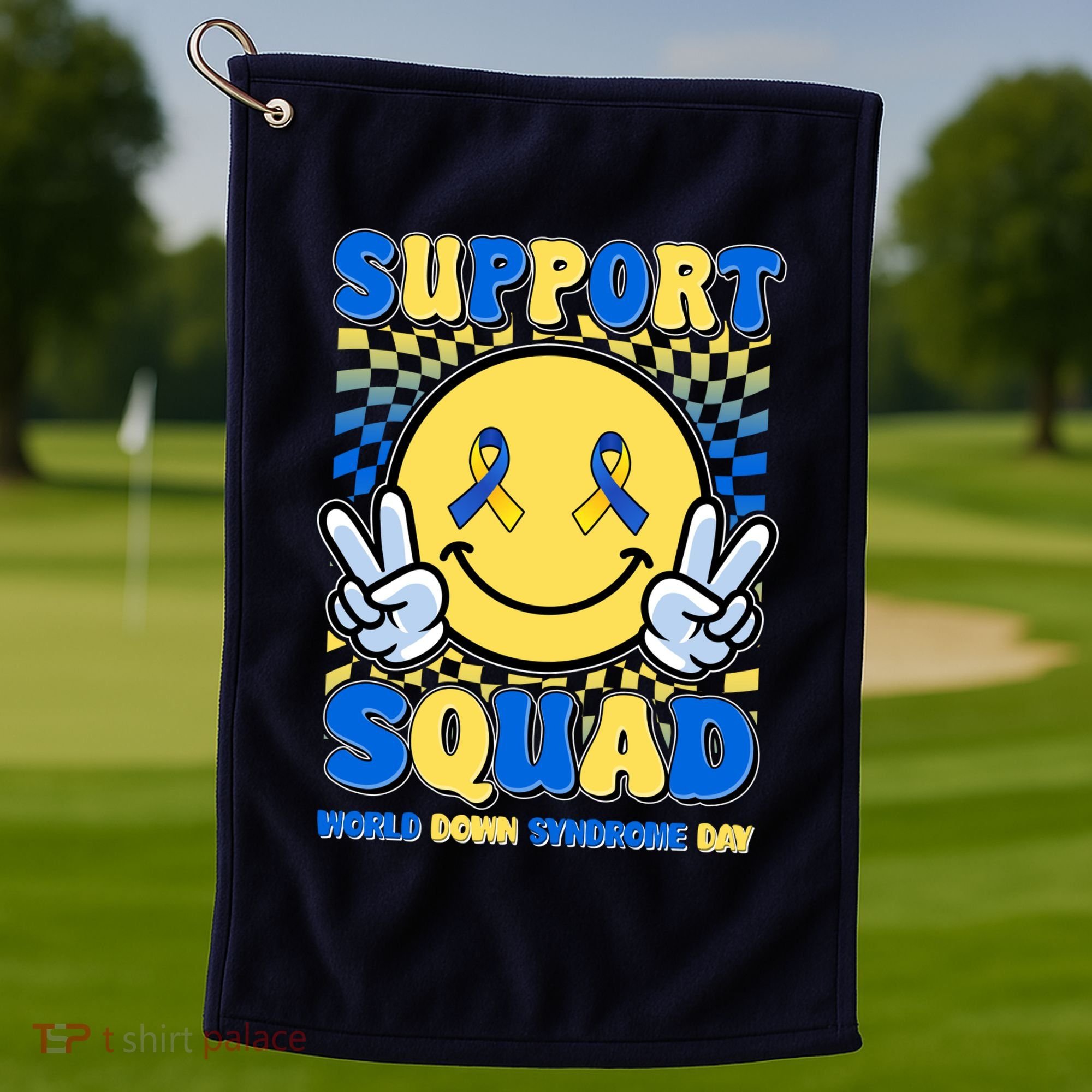 Support Squad World Down Syndrome Day Retro Smiley Emoji Golf Towel