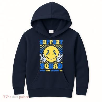 Support Squad World Down Syndrome Day Retro Smiley Emoji Kids Hoodie