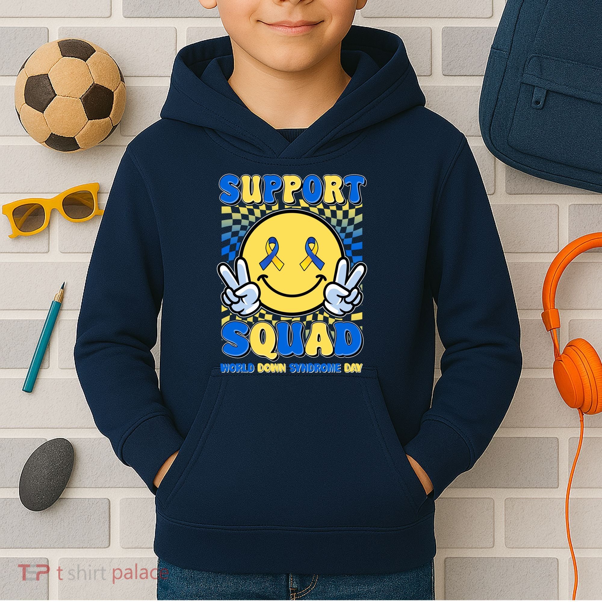 Support Squad World Down Syndrome Day Retro Smiley Emoji Kids Hoodie