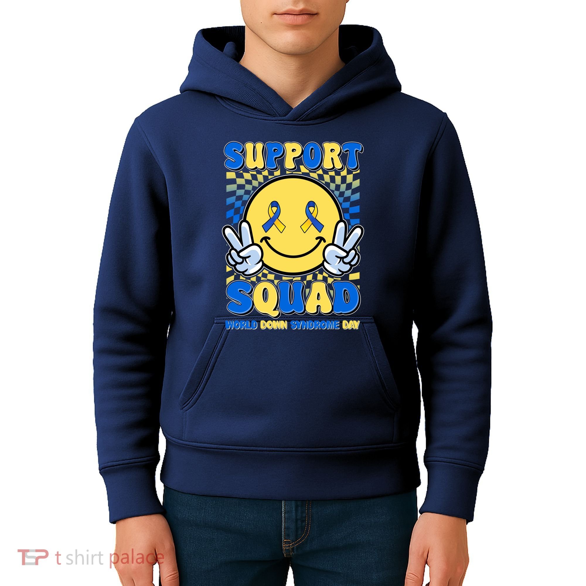 Support Squad World Down Syndrome Day Retro Smiley Emoji Kids Hoodie