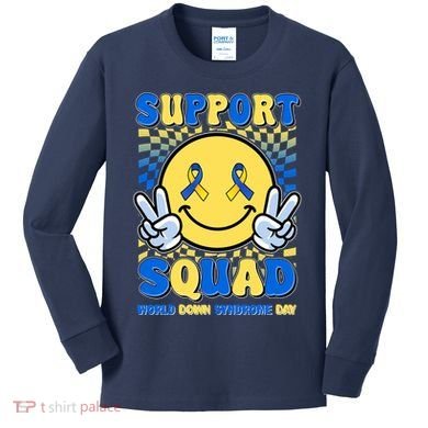 Support Squad World Down Syndrome Day Retro Smiley Emoji Kids Long Sleeve Shirt