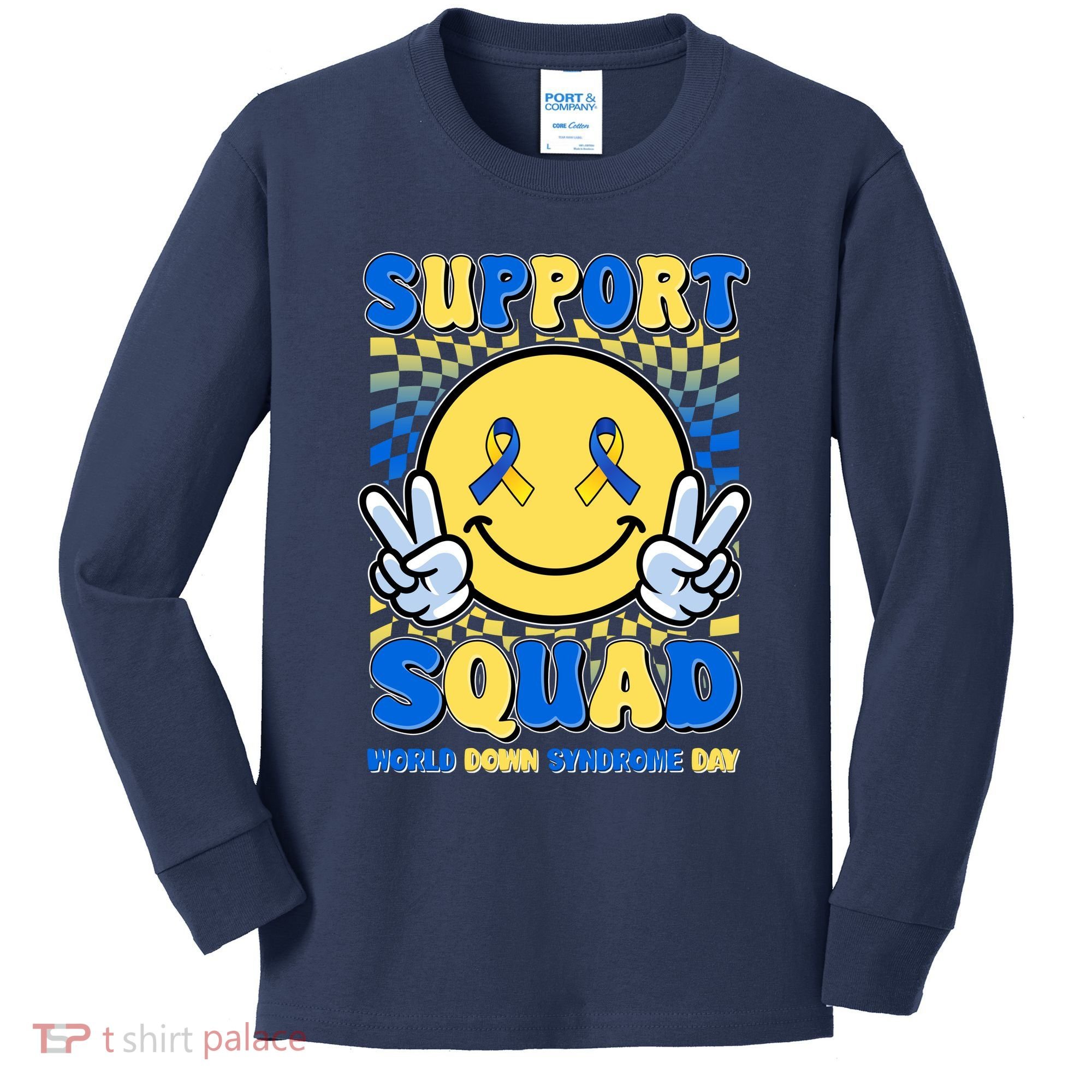 Support Squad World Down Syndrome Day Retro Smiley Emoji Kids Long Sleeve Shirt