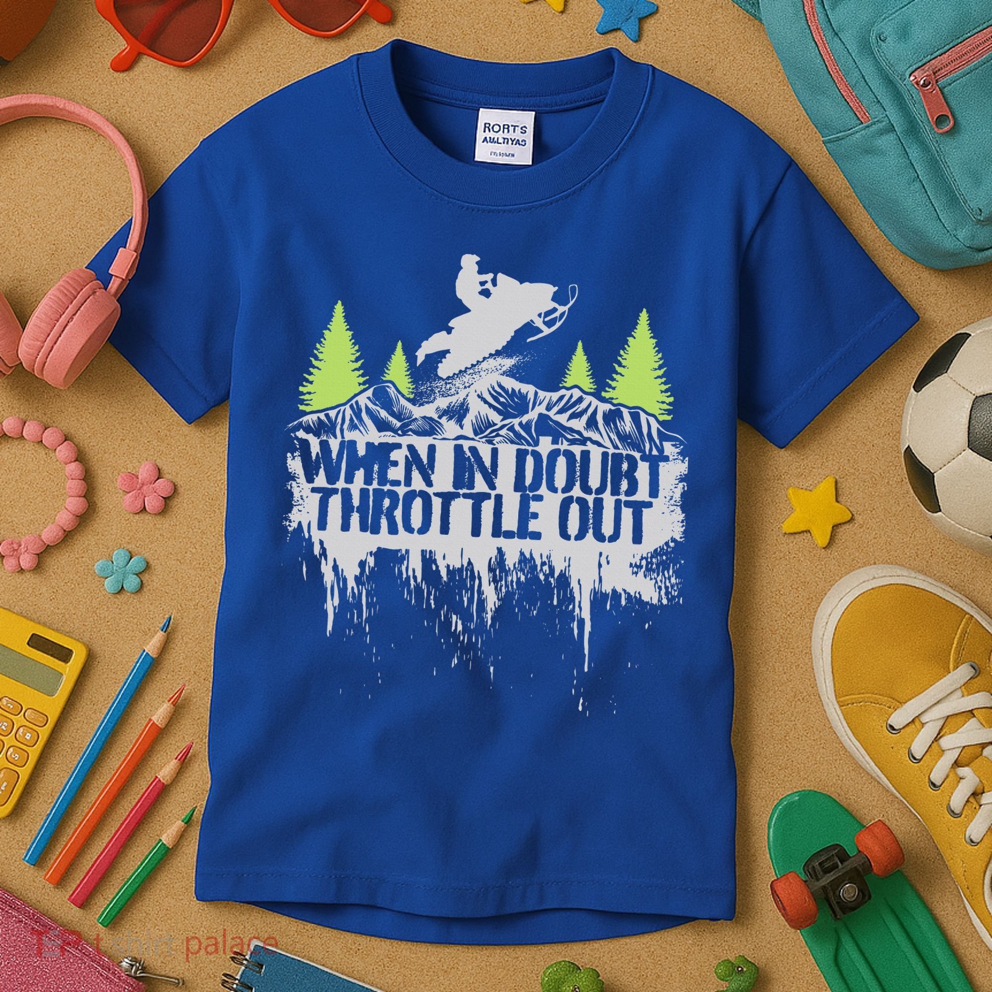 Snowmobile Sled When In Doubt Throttle Out Winter Sports  Kids T-Shirt